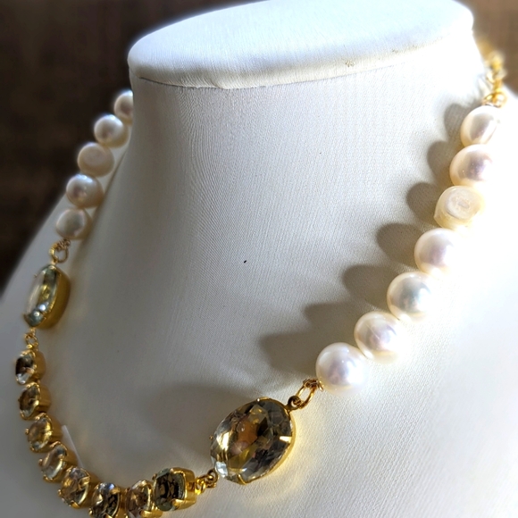 Natural Genuine Prasiolite/ Green Amethyst & Cultured Baroque Pearl Necklace - Picture 2 of 8